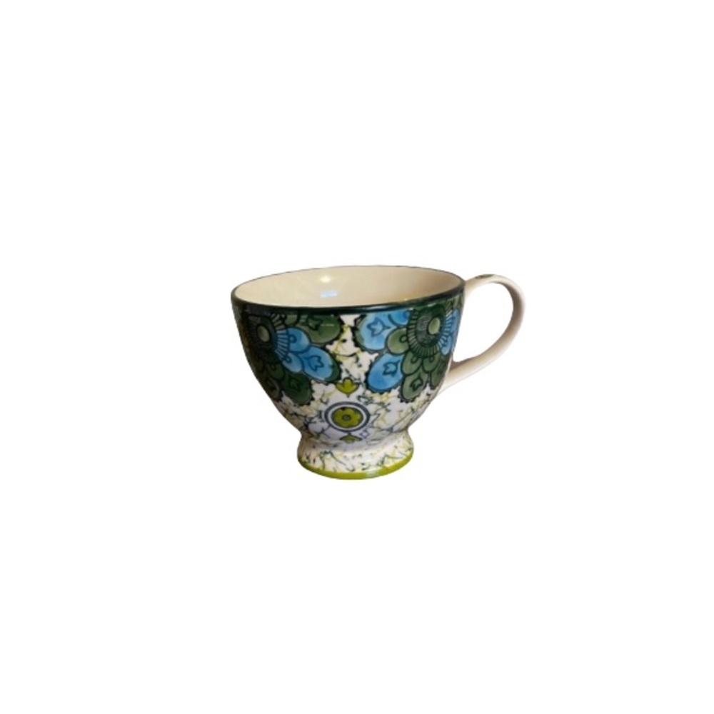 Anthropologie White, Green, and Blue Boho Marbled Floral Ceramic Mug